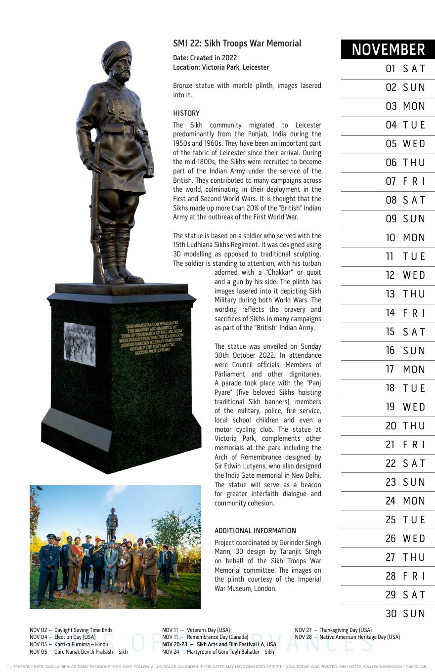 November: Sikh Troops War Memorial
